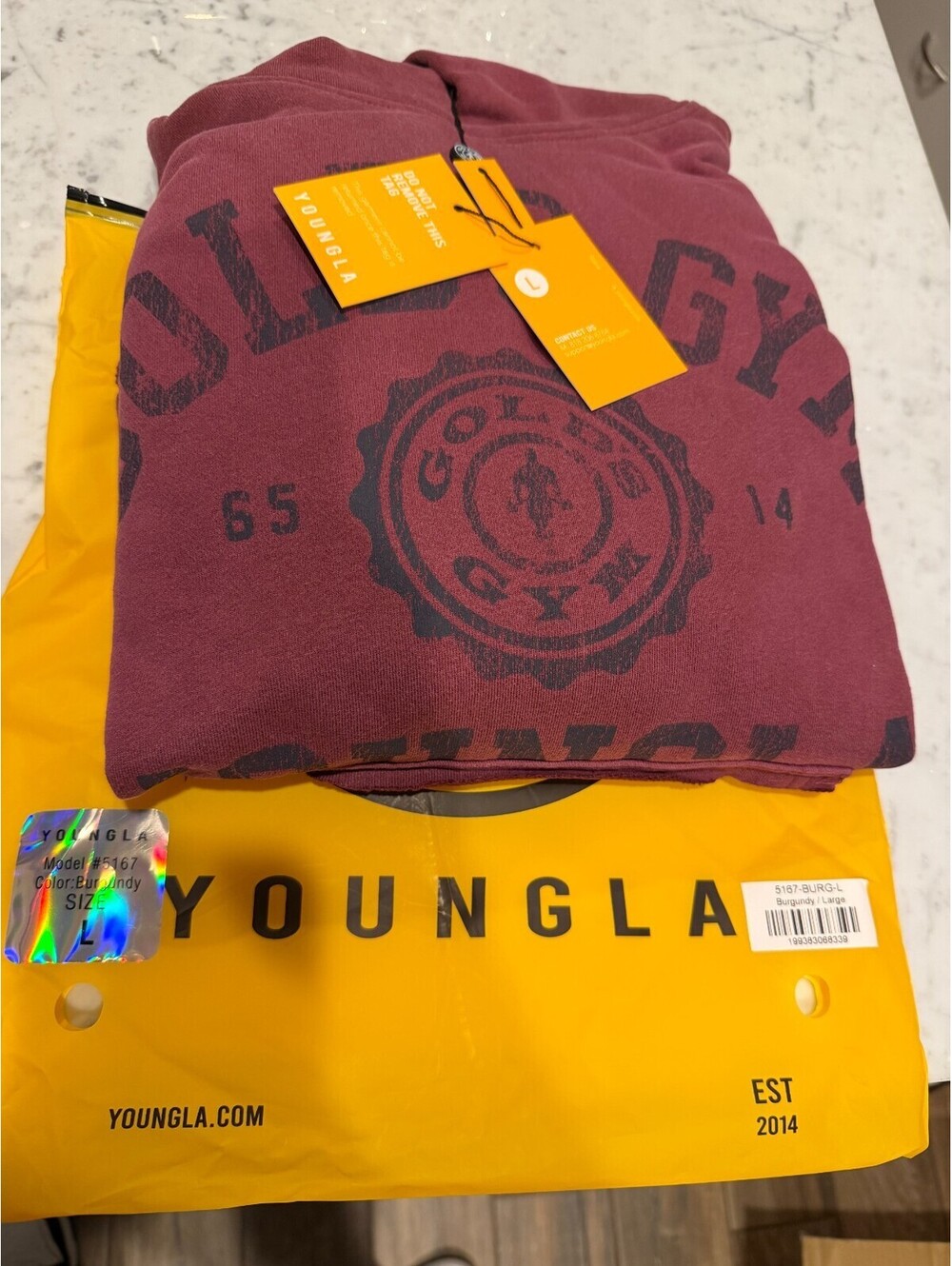 YoungLA- Large Golds Gym Burgundy Hoodie- 5167 - Gold's Iron Legacy Crest Hoodie
